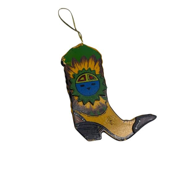 Vintage Handcrafted Wooden Cowboy Western Boot Christmas Ornament Double Sided - Picture 1 of 7